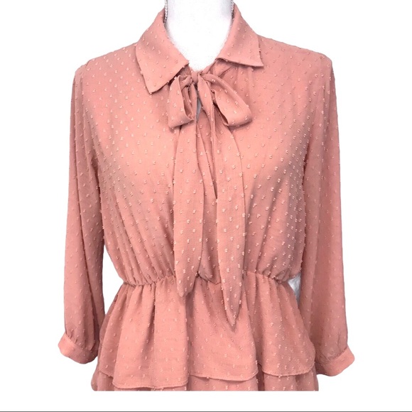 Zara Belted Dotted Mesh Tiered Dress Peach Pink S - Picture 10 of 15